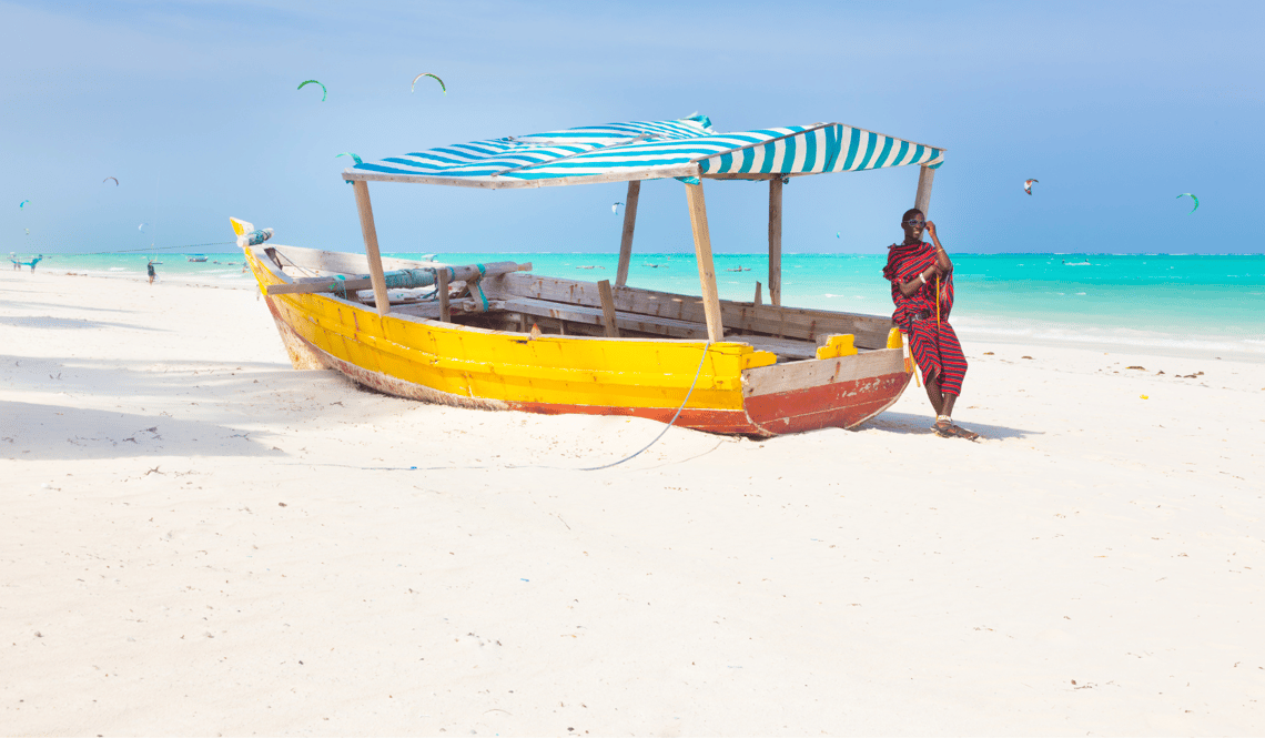 Boat on the white sands of Zanzibar 